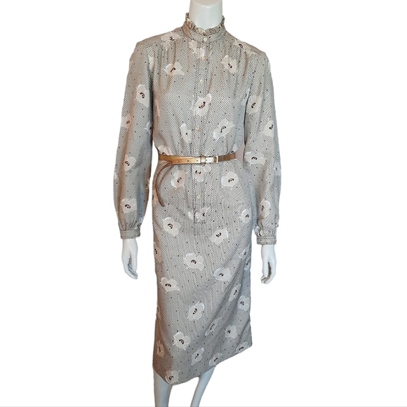 Vintage 70s Day Dress size Medium Edwardian Collar Midi Modest - Picture 1 of 9